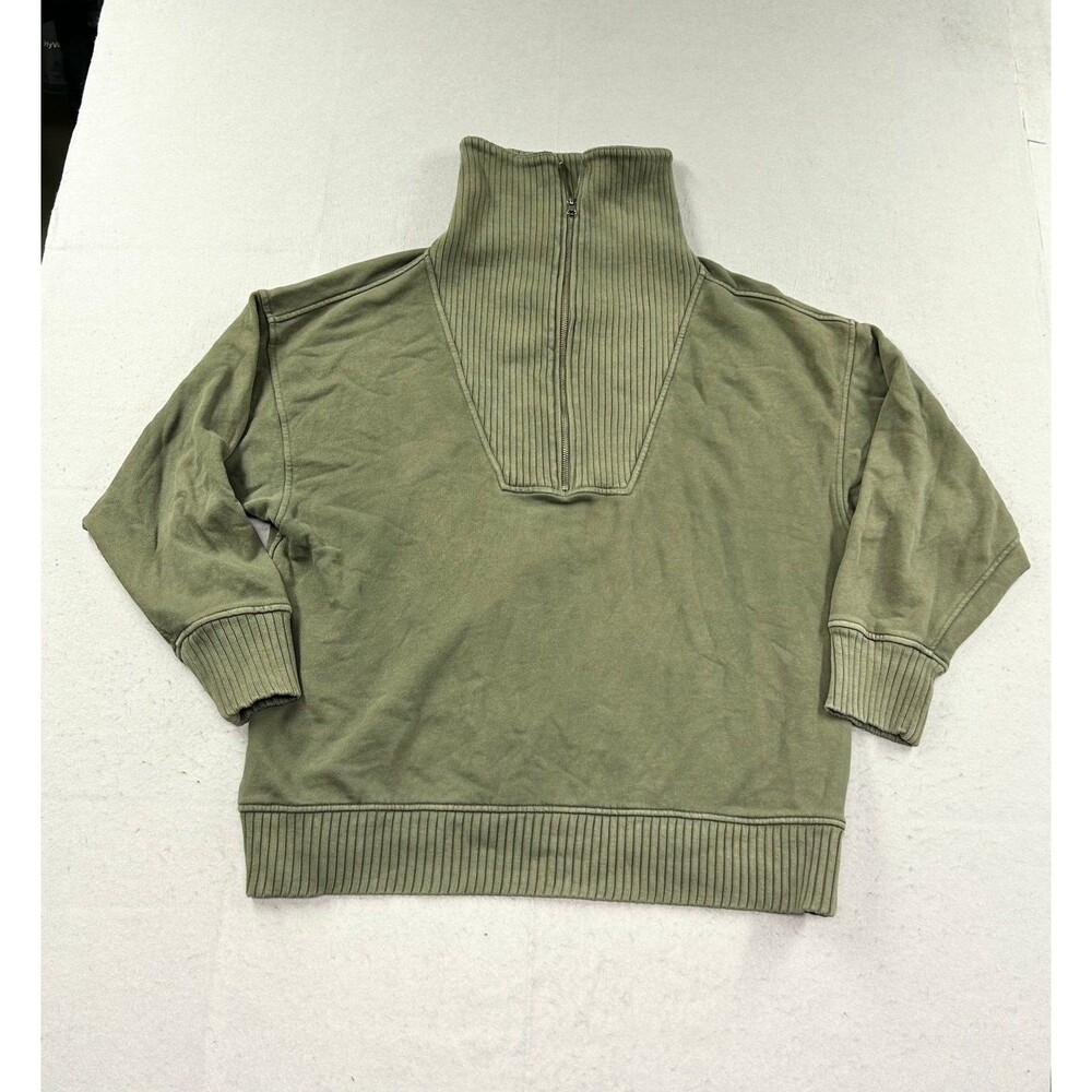 Aerie Womens Large Down To Earth Oversized Quarter Zip Olive Green Sweatshirt